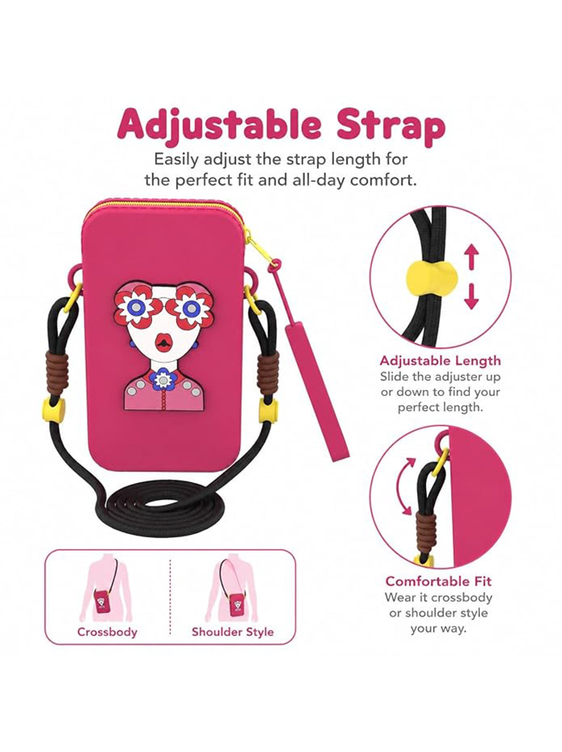 Silicone Mobile Phone Sling Bag for Women & Girls | Cute Cartoon Crossbody Pouch | Adjustable Strap | Mini Travel Bag | Dark Pink