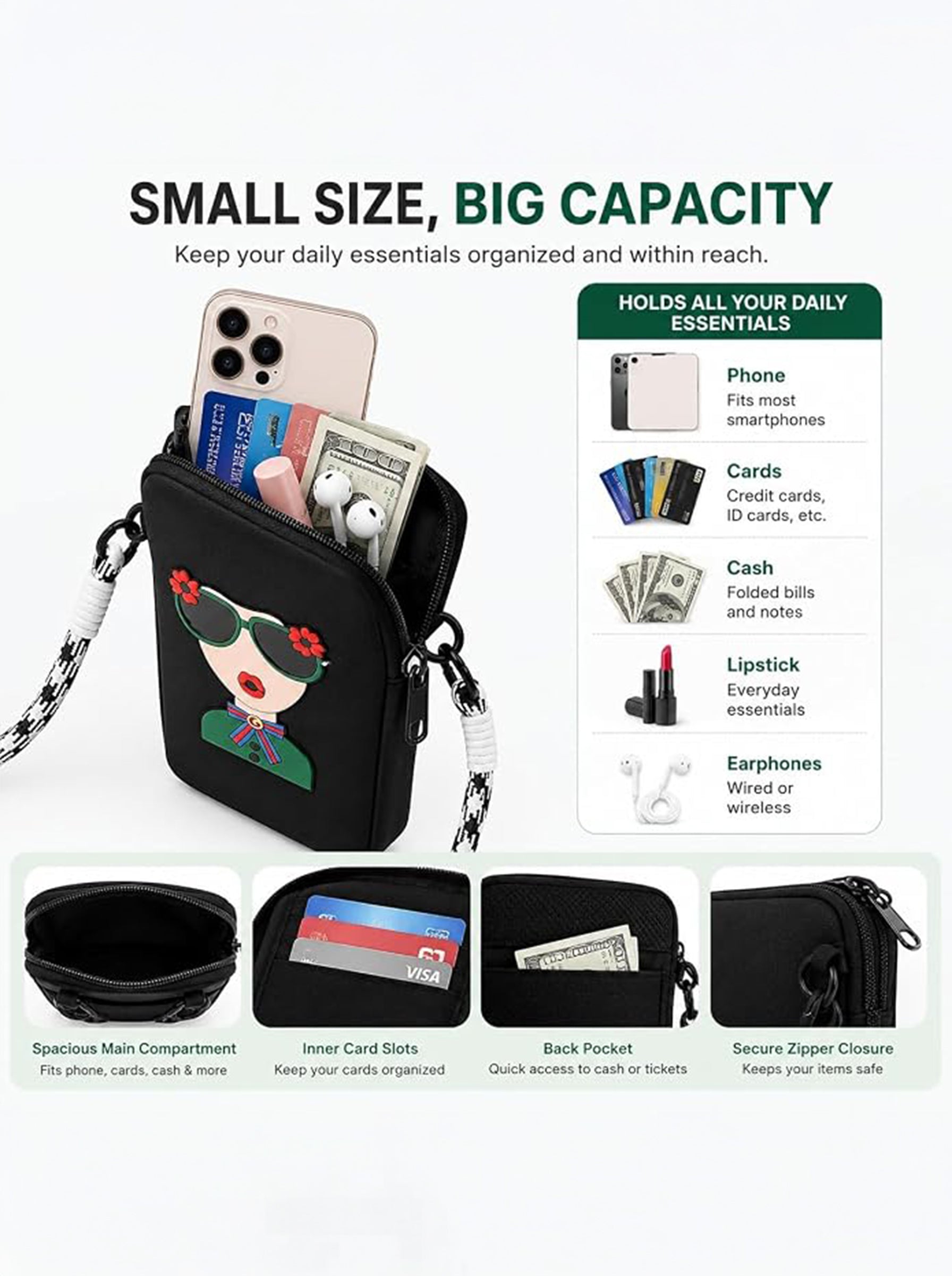 Silicone Mobile Phone Sling Bag for Women & Girls | Cute Cartoon Crossbody Pouch | Adjustable Strap | Mini Travel Bag | Black