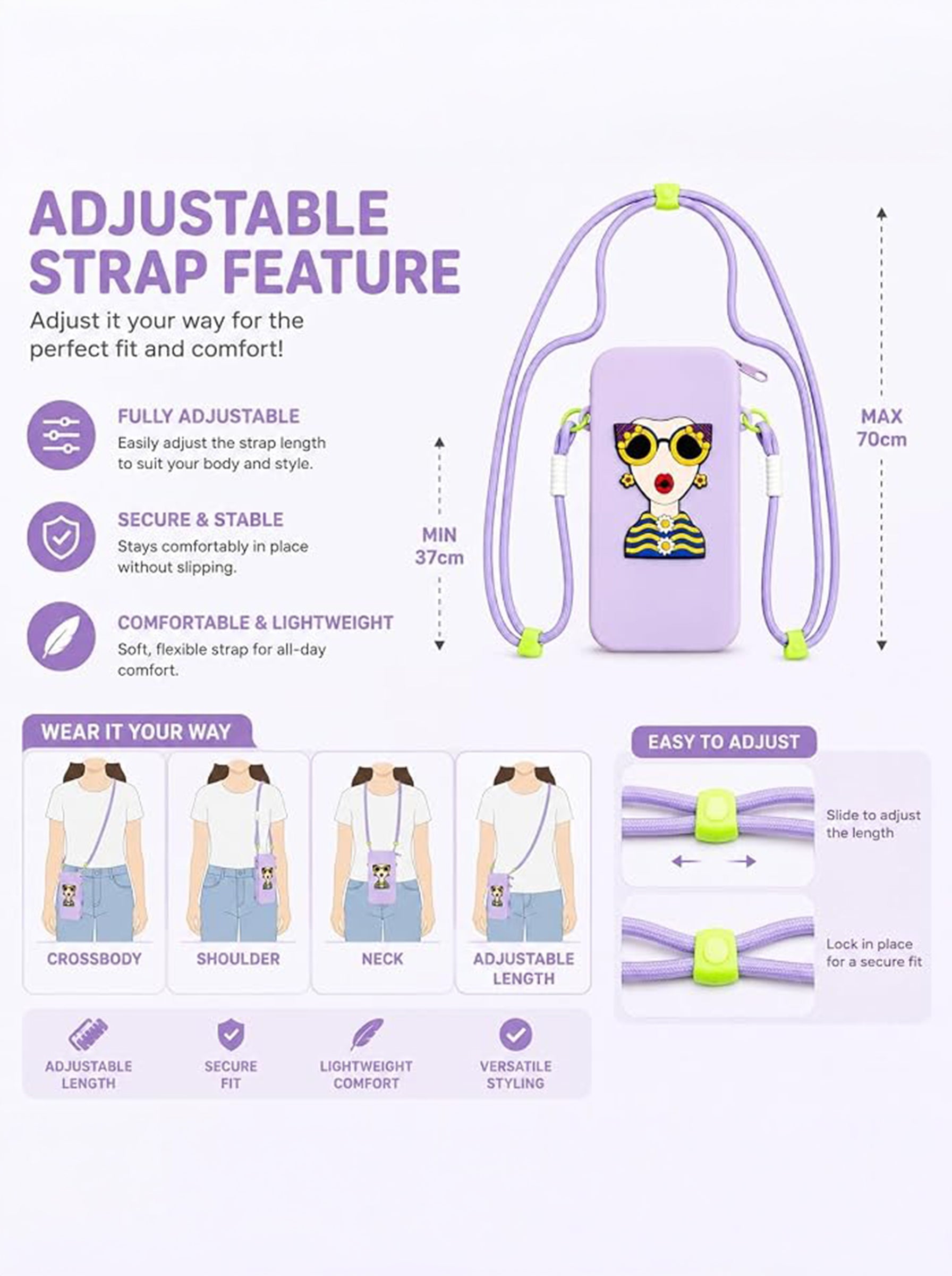 Silicone Mobile Phone Sling Bag for Women & Girls | Cute Cartoon Crossbody Pouch | Adjustable Strap | Mini Travel Bag | Purple