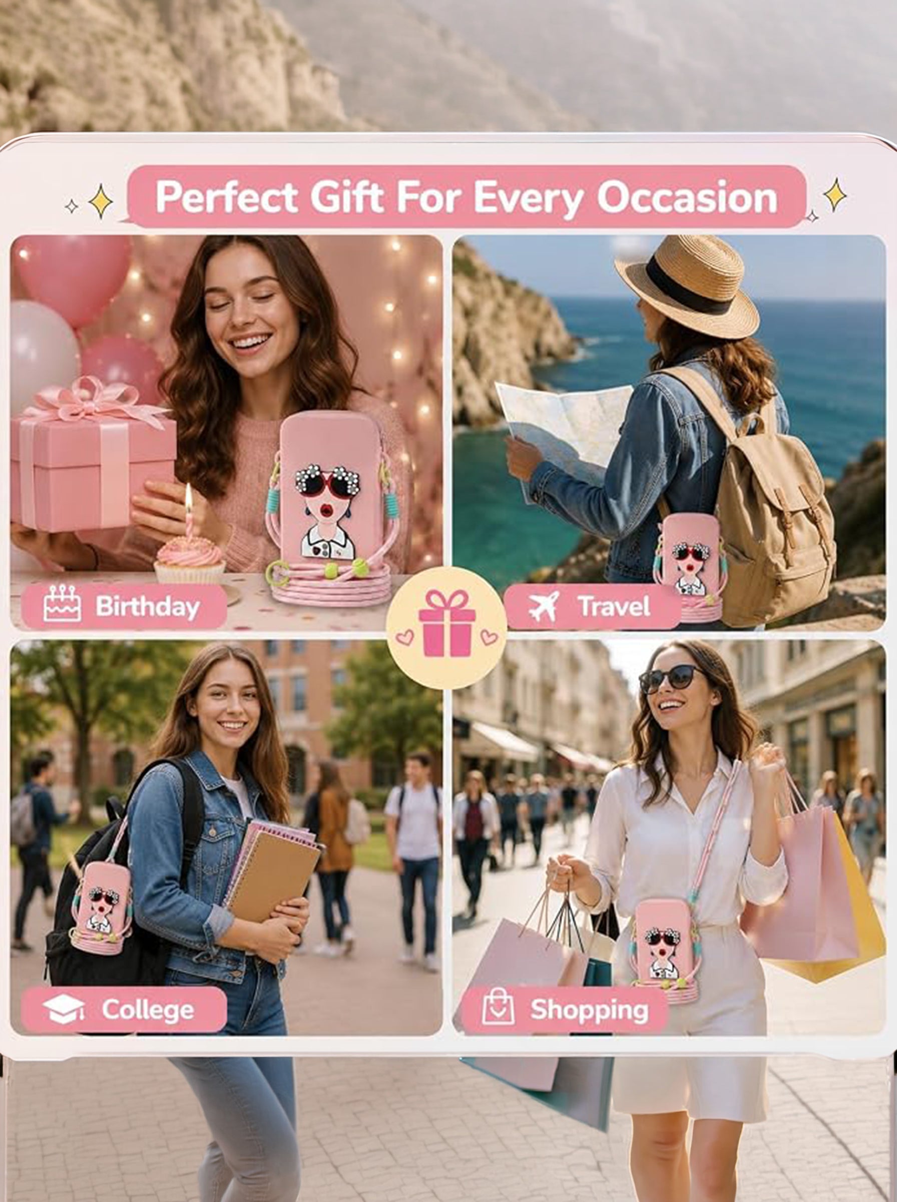 Silicone Mobile Phone Sling Bag for Women & Girls | Cute Cartoon Crossbody Pouch | Adjustable Strap | Mini Travel Bag | Pink