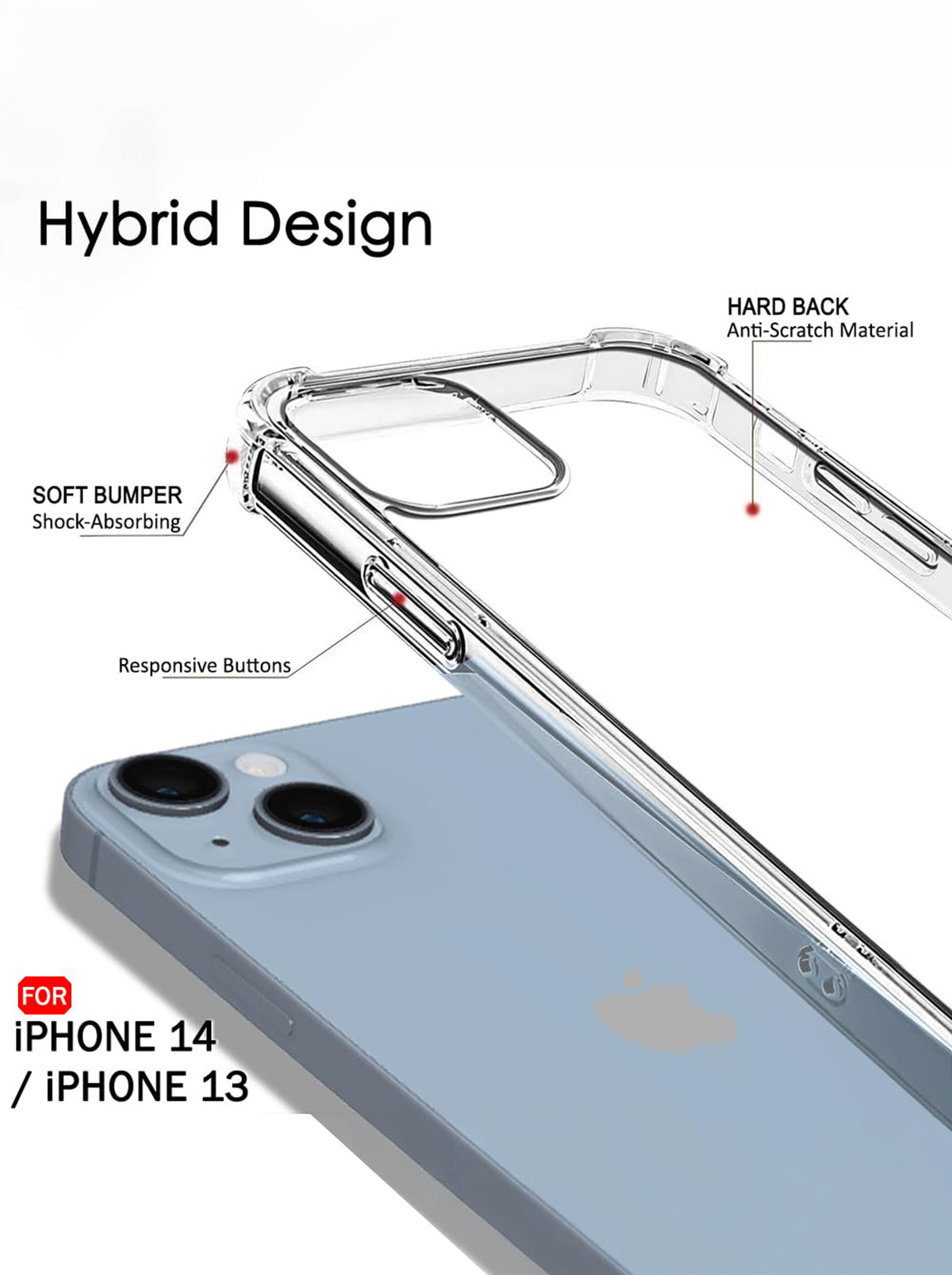 iPhone 14 | PC + TPU | Clear Transparent | 360 Edges Protection | Phone Bumper Case (Transparent)