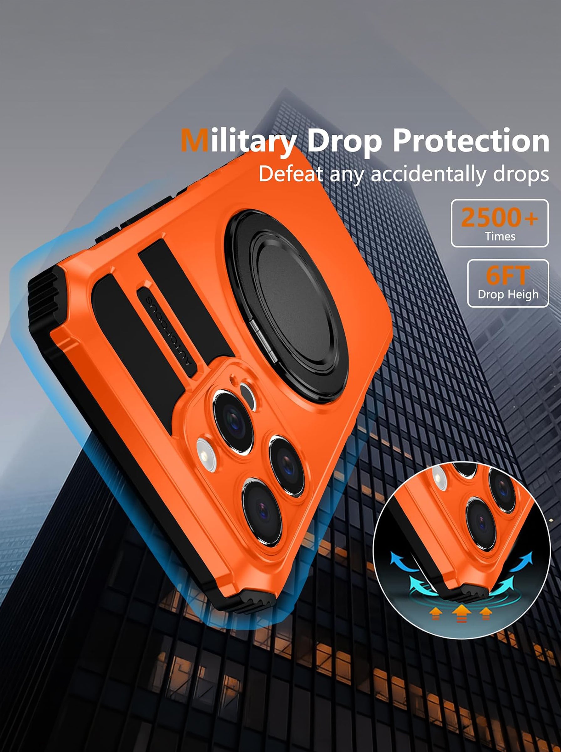 iPhone 16 Pro Max Case | MagSafe Compatible | Magnetic Ring Holder | Soft TPU + Hard PC | Orange