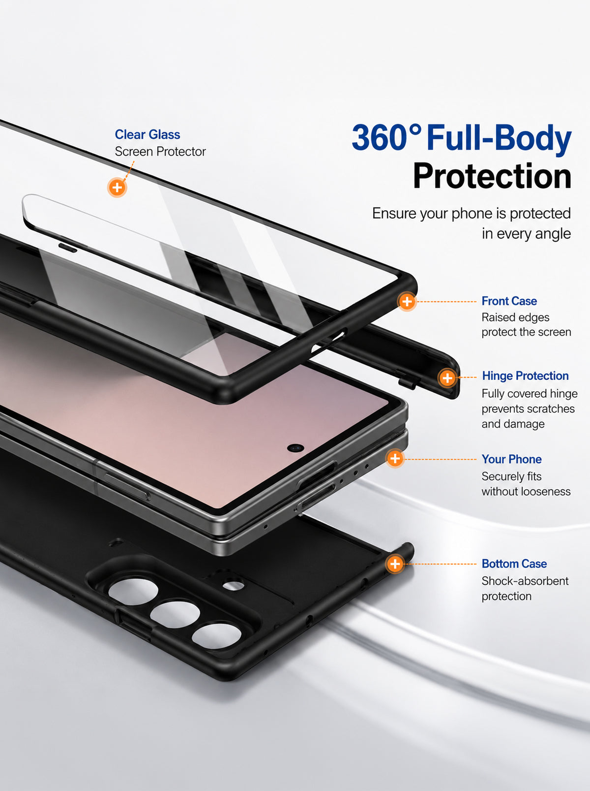 Samsung Z Fold 7 Case with Tempered Glass | Hinge | Magnetic Support | Slim Back | Black