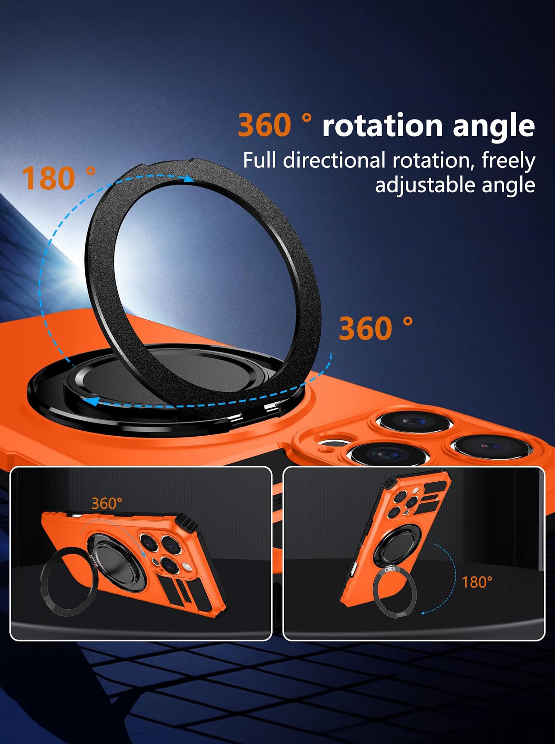 iPhone 16 Pro Max Case | MagSafe Compatible | Magnetic Ring Holder | Soft TPU + Hard PC | Orange