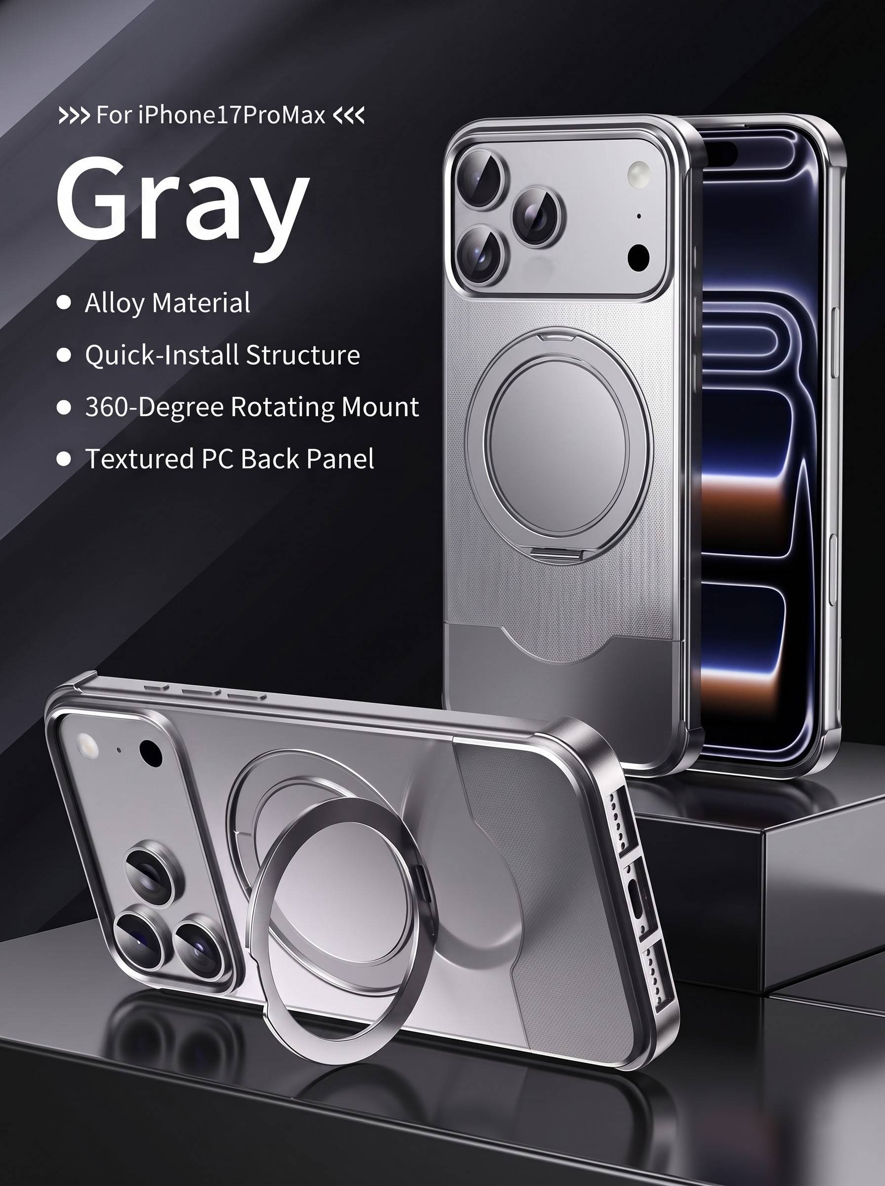 iPhone 17 Pro | Aluminum metal lock case with 360 stand | Gray