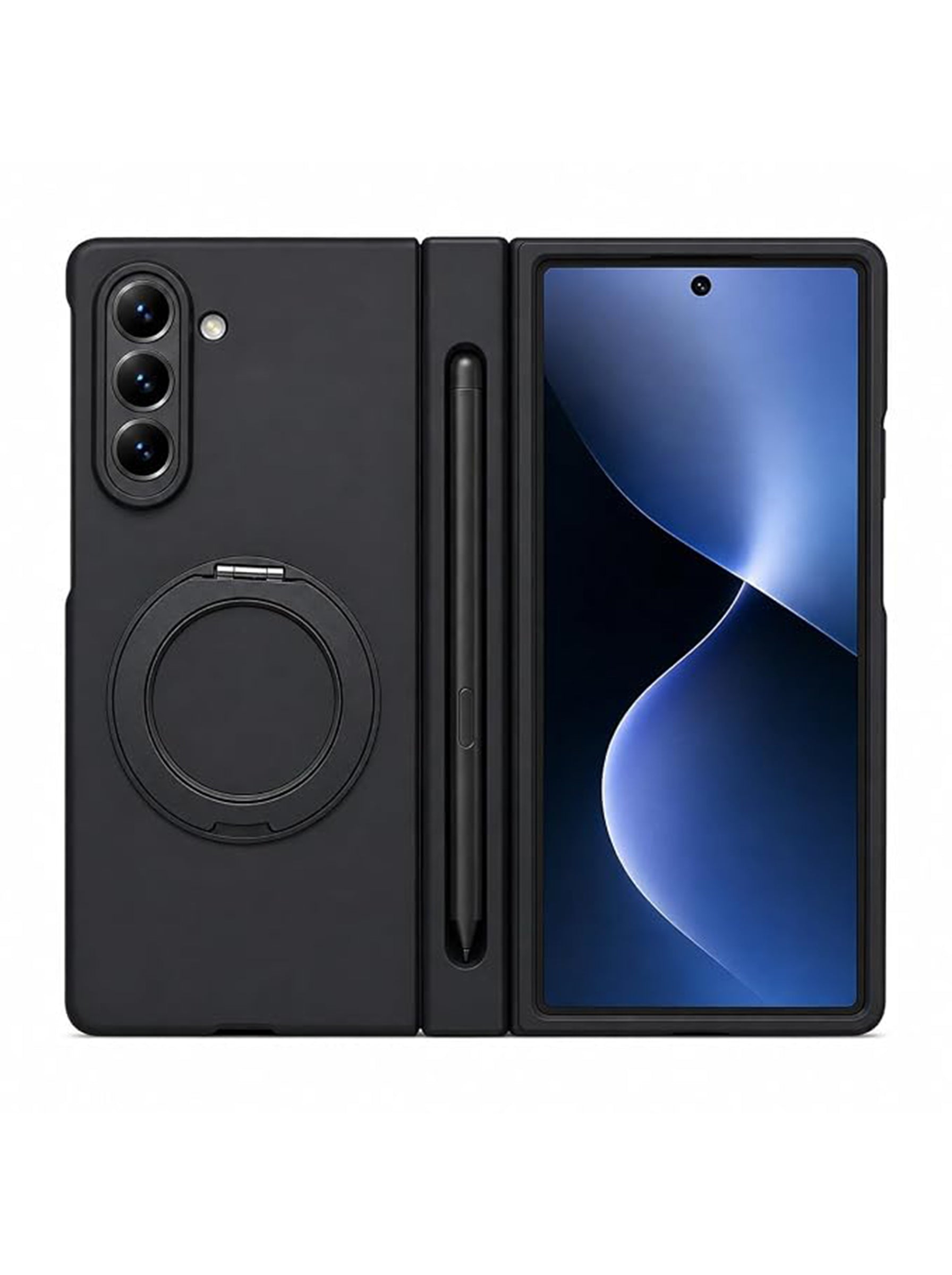 Samsung Z Fold 7 | 360° Rotating Ring Stand | Built-in Screen Protector | Hinge Protection | Included Stylus Pen (Matte Black)