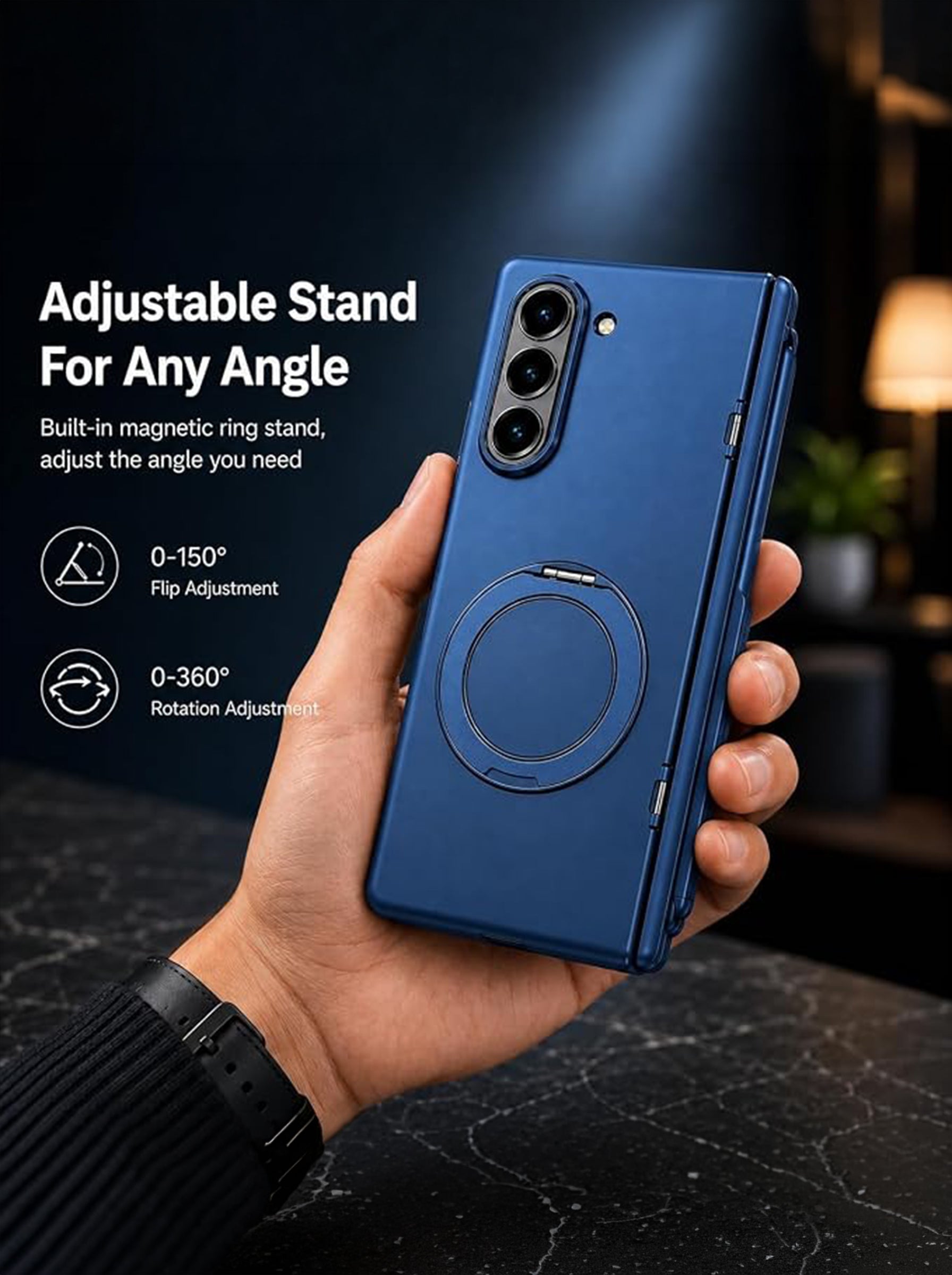 Samsung Z Fold 7 | 360° Rotating Ring Stand | Built-in Screen Protector | Hinge Protection | Included Stylus Pen (Matte Blue)