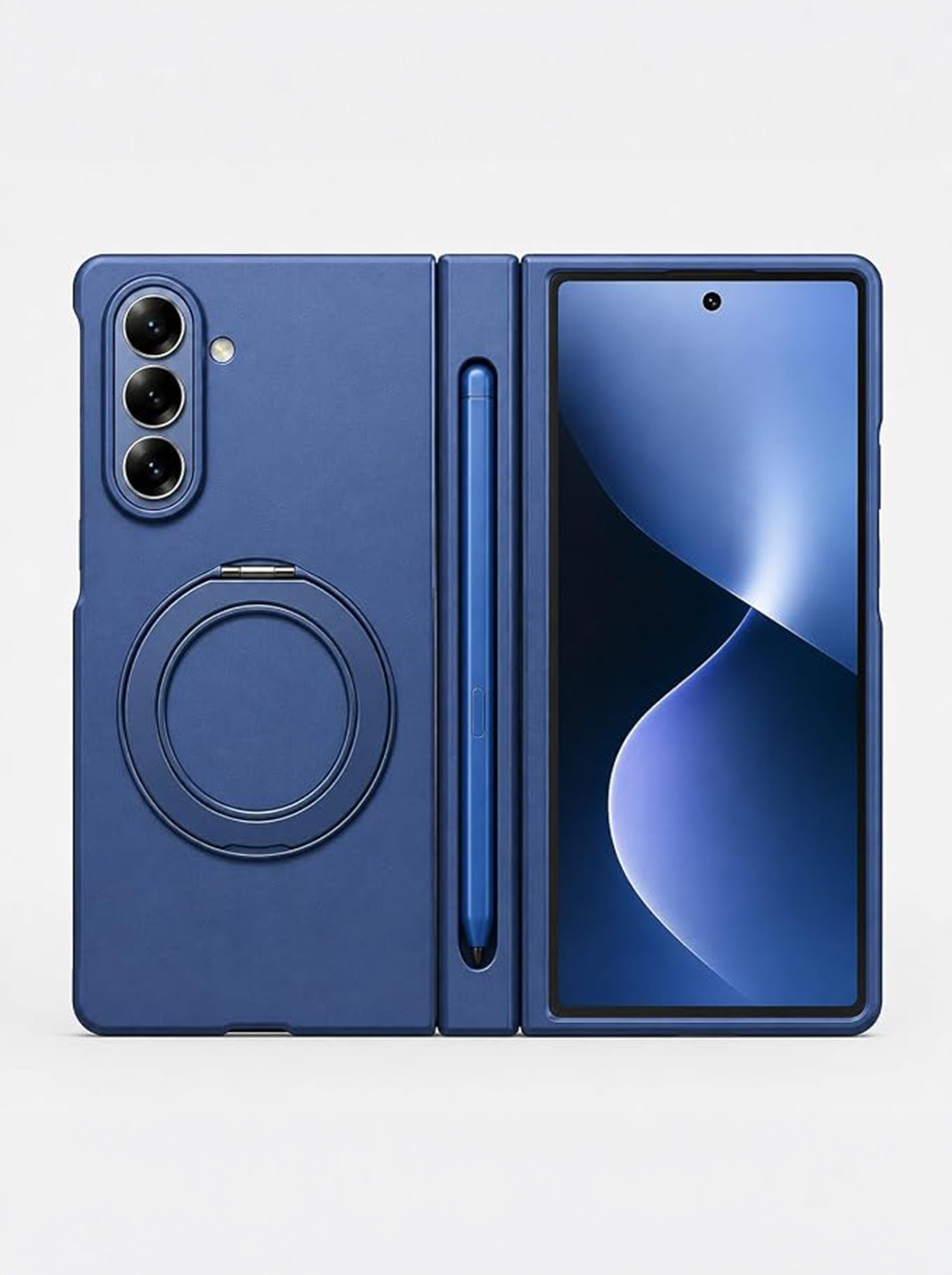 Samsung Z Fold 7 | 360° Rotating Ring Stand | Built-in Screen Protector | Hinge Protection | Included Stylus Pen (Matte Blue)