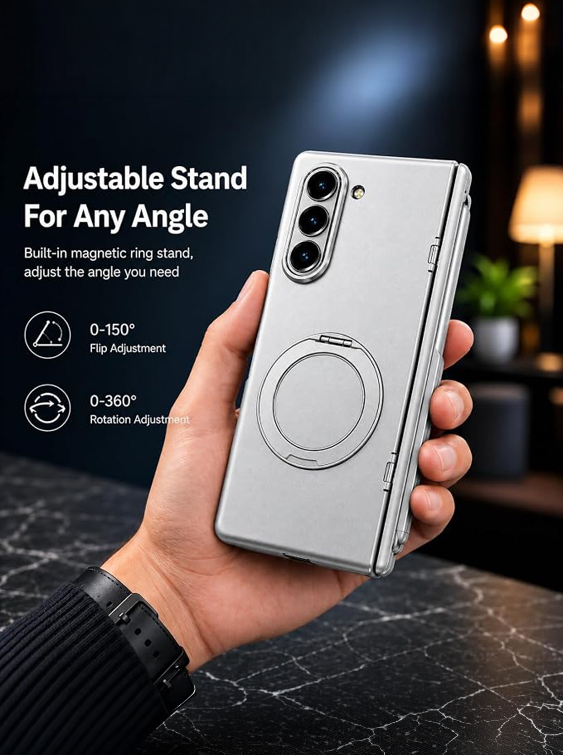 Samsung Z Fold 7 | 360° Rotating Ring Stand | Built-in Screen Protector | Hinge Protection | Included Stylus Pen (Matte Gray)