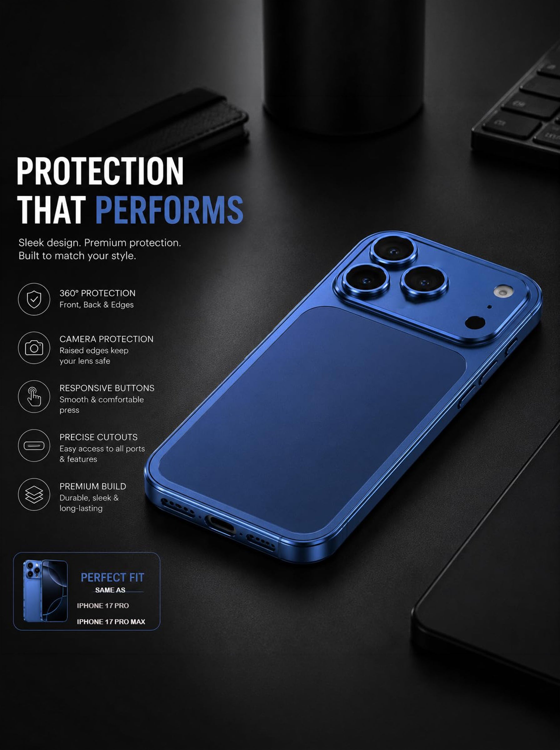 iPhone 16 Pro to iPhone 17 Pro | Converter Kit | Premium Aluminum Back Plate & Metal Side Frame | Peel & Stick Installation | Blue Color