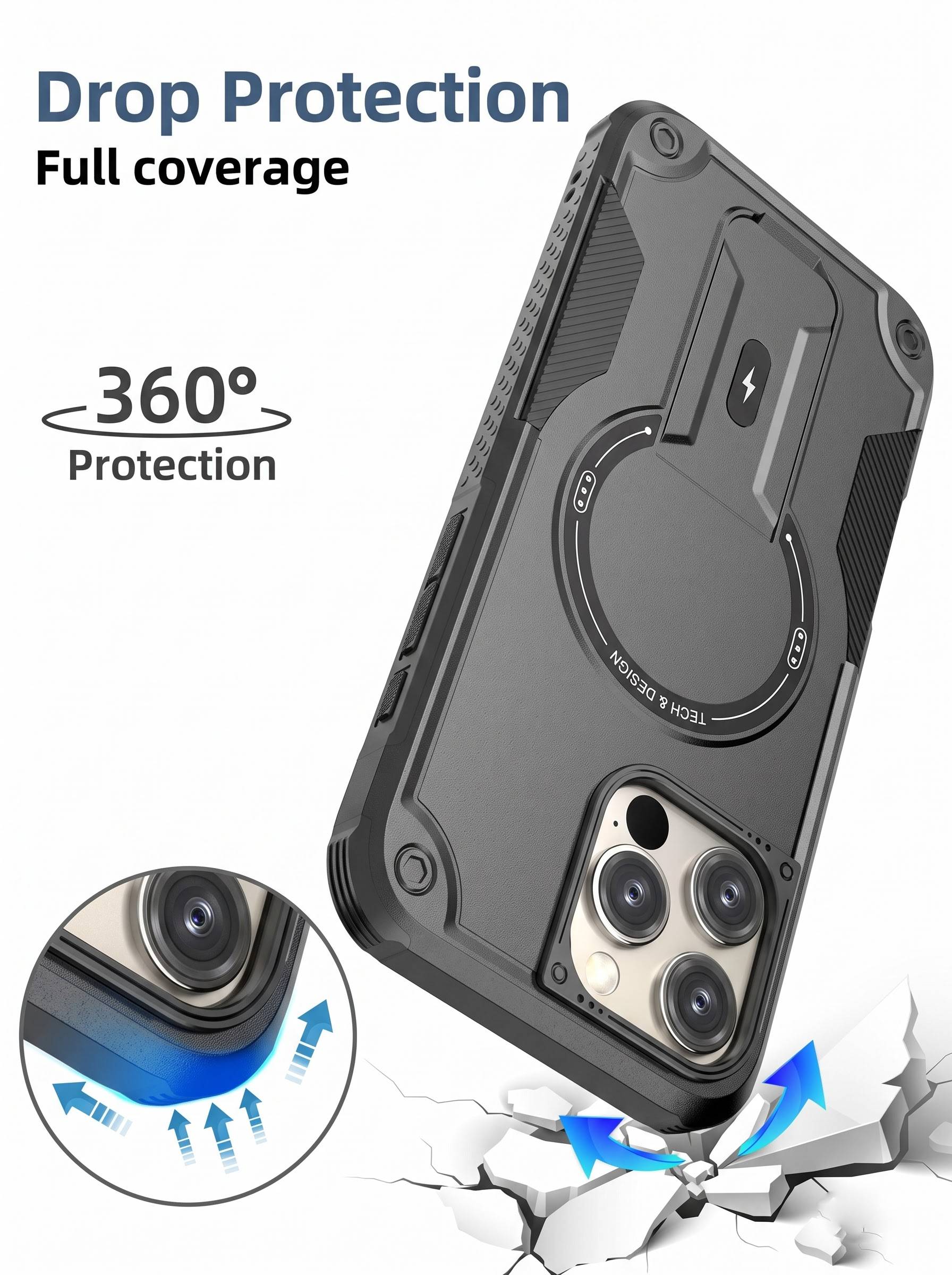 IPHONE 16 PRO MAX | DROP+ | Portable Kickstand | MagSafe Compatible Magnetic Case | Shockproof Military Grade Protection | BLACK COLOR