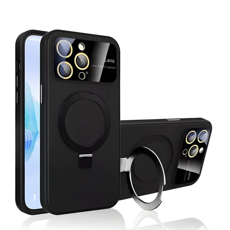 iPhone case feature integrated magnetic metal stand rings, camera lens protection